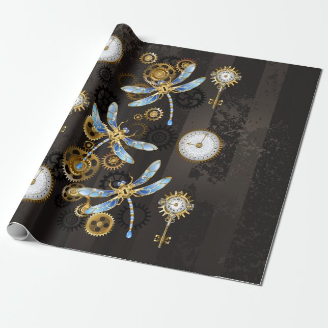 Steampunkdrachenfliegen auf braunem, gestreiften H Geschenkpapier (Ungerollt)