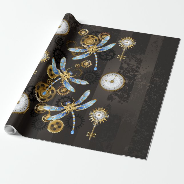 Steampunkdrachenfliegen auf braunem, gestreiften H Geschenkpapier (Ungerollt)