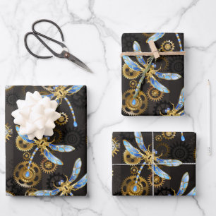 Steampunkdrachenfliegen auf braunem, gestreiften H Geschenkpapier Set