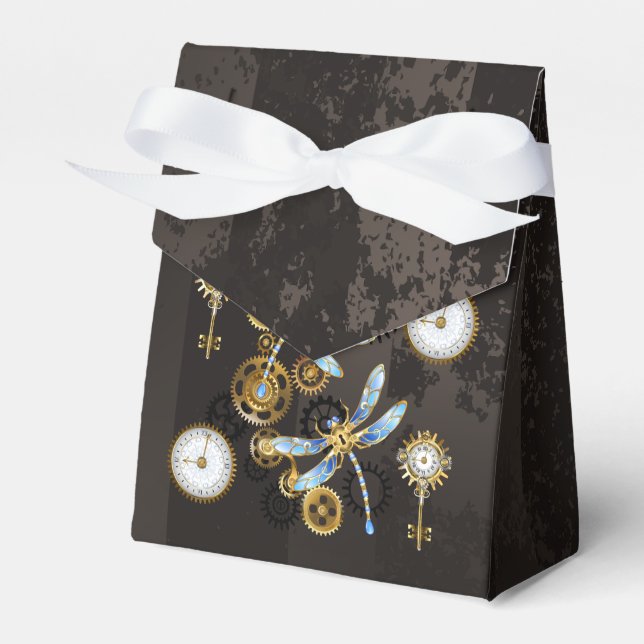Steampunkdrachenfliegen auf braunem, gestreiften H Geschenkschachtel (Vorderseite)