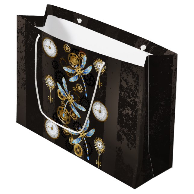 Steampunkdrachenfliegen auf braunem, gestreiften H Große Geschenktüte (Vorderseite Schrägansicht)