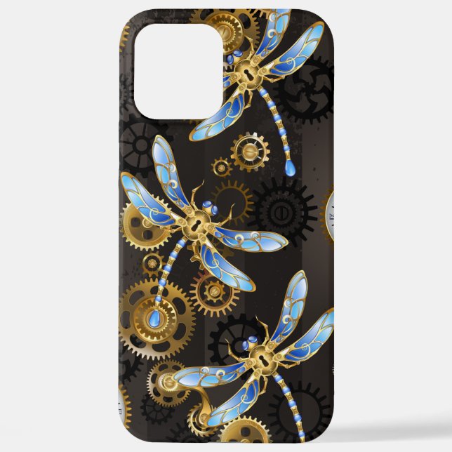 Steampunkdrachenfliegen auf braunem, gestreiften H iPhone 12 Pro Max Hülle (Rückseite)