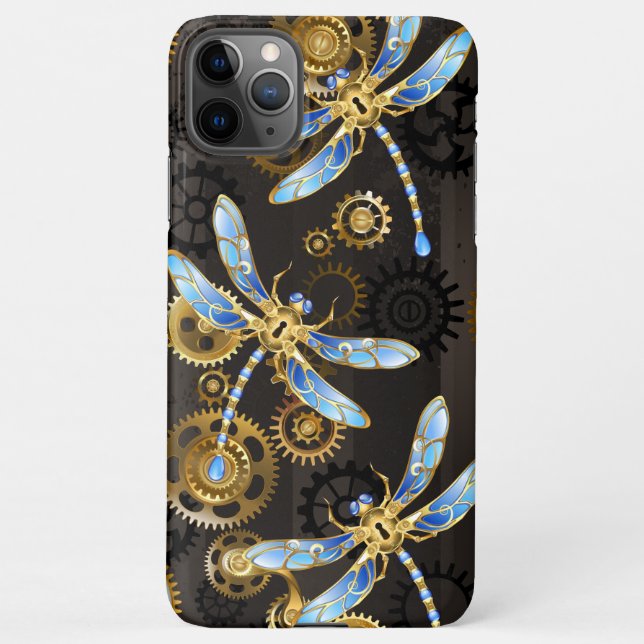 Steampunkdrachenfliegen auf braunem, gestreiften H iPhone Hülle (Rückseite)
