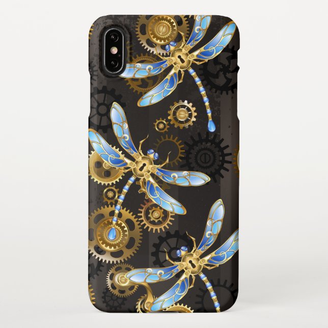 Steampunkdrachenfliegen auf braunem, gestreiften H iPhone Hülle (Rückseite)