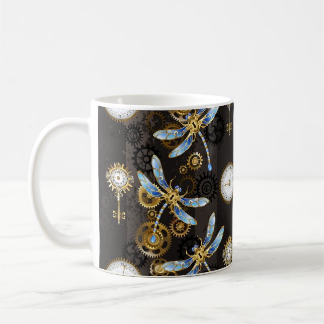 Steampunkdrachenfliegen auf braunem, gestreiften H Kaffeetasse (Links)