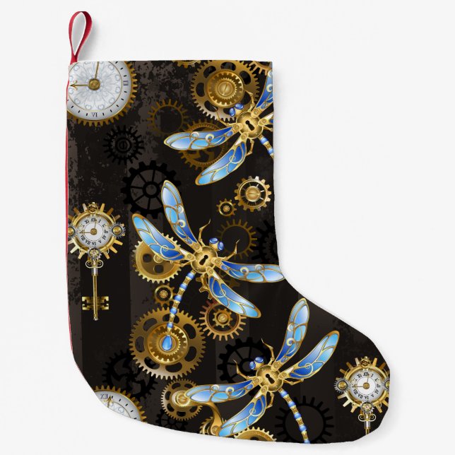 Steampunkdrachenfliegen auf braunem, gestreiften H Kleiner Weihnachtsstrumpf (Vorderseite)