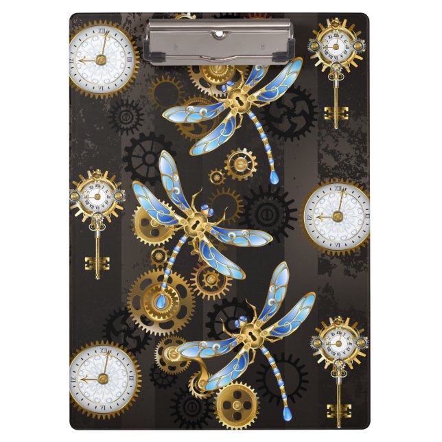 Steampunkdrachenfliegen auf braunem, gestreiften H Klemmbrett (Vorderseite)
