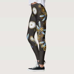 Steampunkdrachenfliegen auf braunem, gestreiften H Leggings