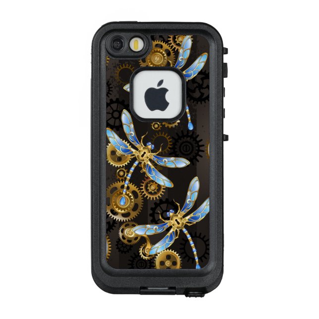 Steampunkdrachenfliegen auf braunem, gestreiften H LifeProof iPhone Hülle (Rückseite)