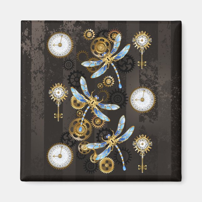 Steampunkdrachenfliegen auf braunem, gestreiften H Magnet (Vorne)