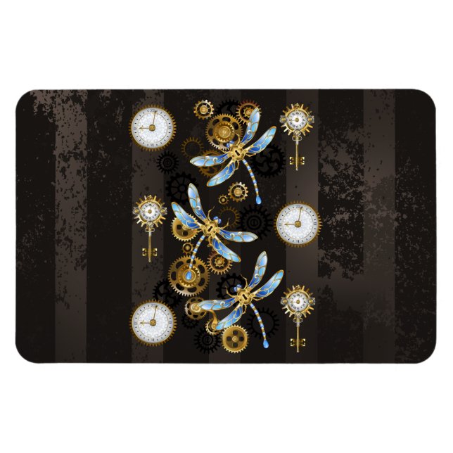 Steampunkdrachenfliegen auf braunem, gestreiften H Magnet (Horizontal)