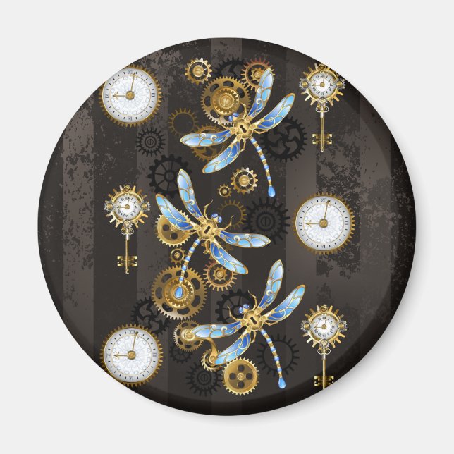 Steampunkdrachenfliegen auf braunem, gestreiften H Magnet (Vorne)