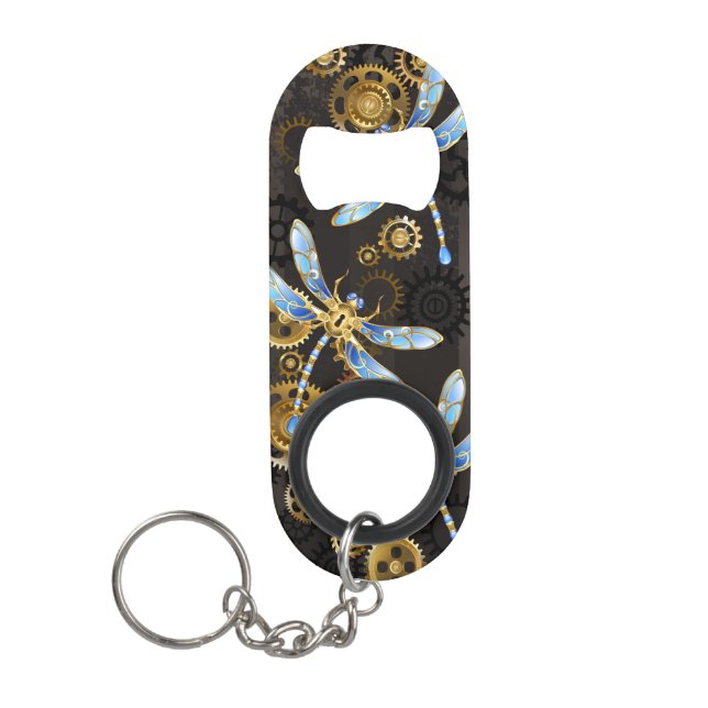 Steampunkdrachenfliegen auf braunem, gestreiften H Mini Flaschenöffner (Vorderseite)