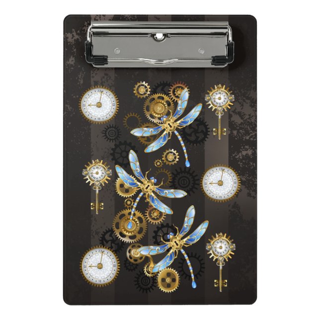 Steampunkdrachenfliegen auf braunem, gestreiften H Mini Klemmbrett (Vorderseite)