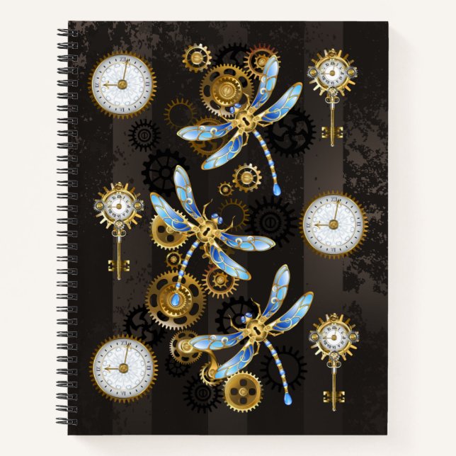 Steampunkdrachenfliegen auf braunem, gestreiften H Notizbuch (Vorderseite)