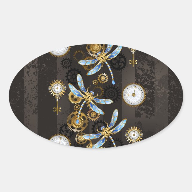 Steampunkdrachenfliegen auf braunem, gestreiften H Ovaler Aufkleber (Vorderseite)