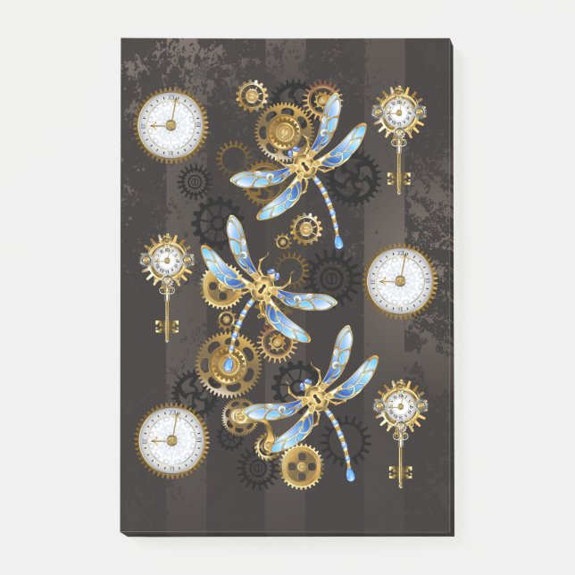 Steampunkdrachenfliegen auf braunem, gestreiften H Post-it Klebezettel (Vorderseite)