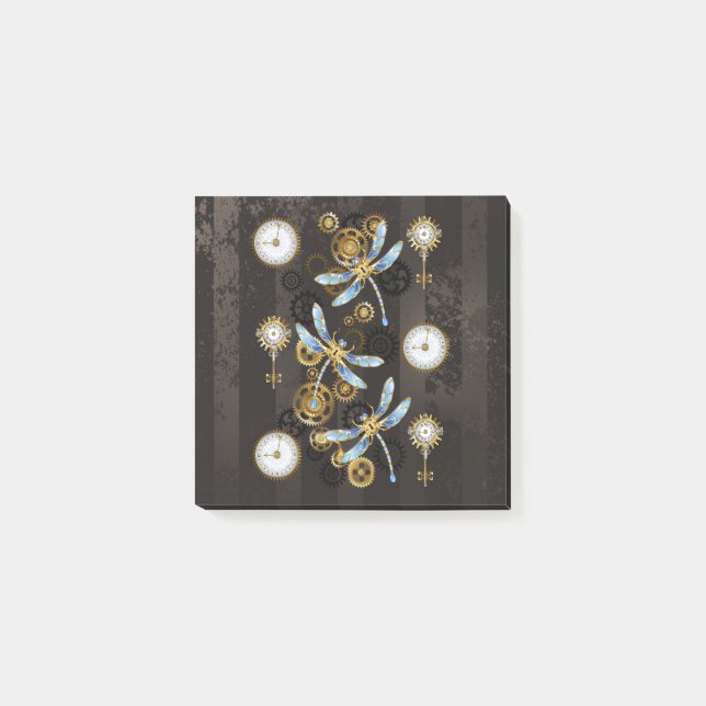 Steampunkdrachenfliegen auf braunem, gestreiften H Post-it Klebezettel (Vorderseite)