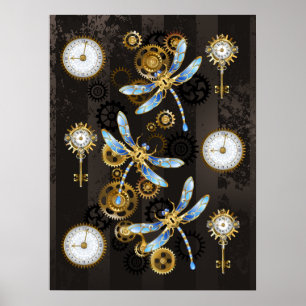 Steampunkdrachenfliegen auf braunem, gestreiften H Poster