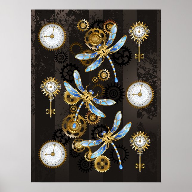 Steampunkdrachenfliegen auf braunem, gestreiften H Poster (Vorne)