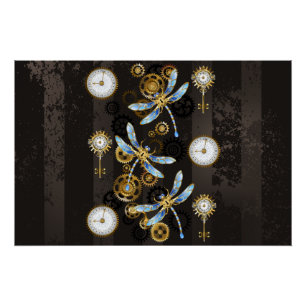 Steampunkdrachenfliegen auf braunem, gestreiften H Poster