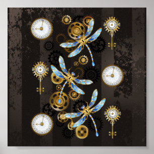 Steampunkdrachenfliegen auf braunem, gestreiften H Poster
