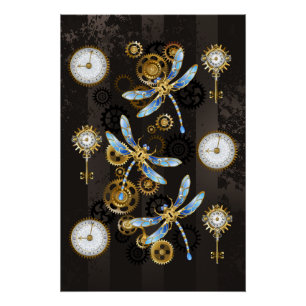 Steampunkdrachenfliegen auf braunem, gestreiften H Poster
