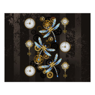 Steampunkdrachenfliegen auf braunem, gestreiften H Poster