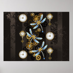 Steampunkdrachenfliegen auf braunem, gestreiften H Poster
