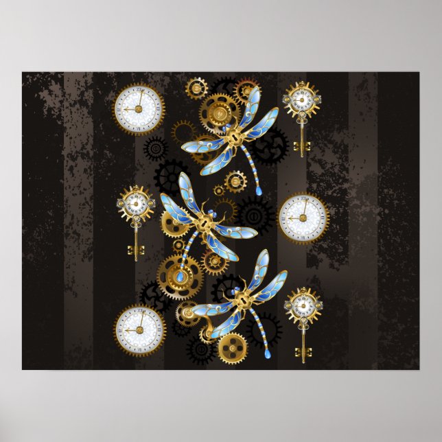 Steampunkdrachenfliegen auf braunem, gestreiften H Poster (Vorne)