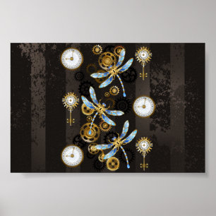 Steampunkdrachenfliegen auf braunem, gestreiften H Poster