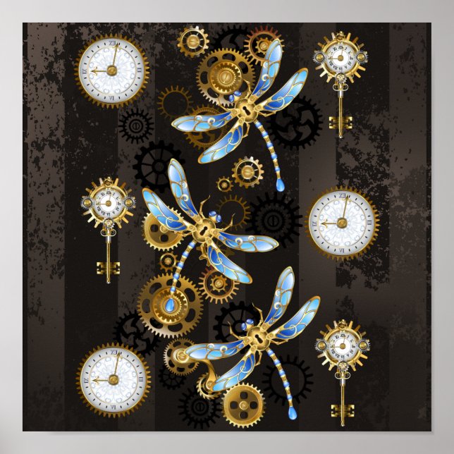 Steampunkdrachenfliegen auf braunem, gestreiften H Poster (Vorne)