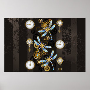 Steampunkdrachenfliegen auf braunem, gestreiften H Poster