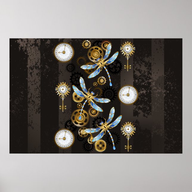 Steampunkdrachenfliegen auf braunem, gestreiften H Poster (Vorne)