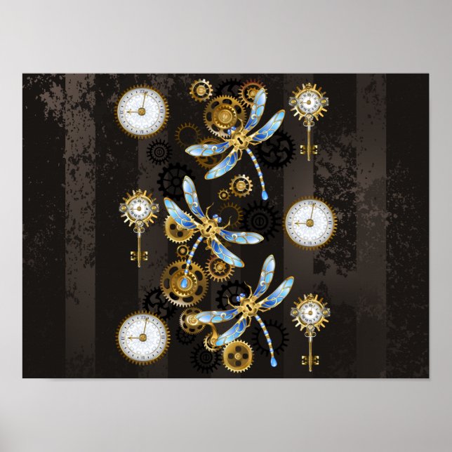 Steampunkdrachenfliegen auf braunem, gestreiften H Poster (Vorne)