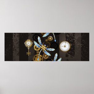 Steampunkdrachenfliegen auf braunem, gestreiften H Poster