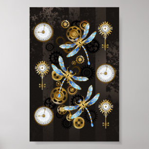 Steampunkdrachenfliegen auf braunem, gestreiften H Poster