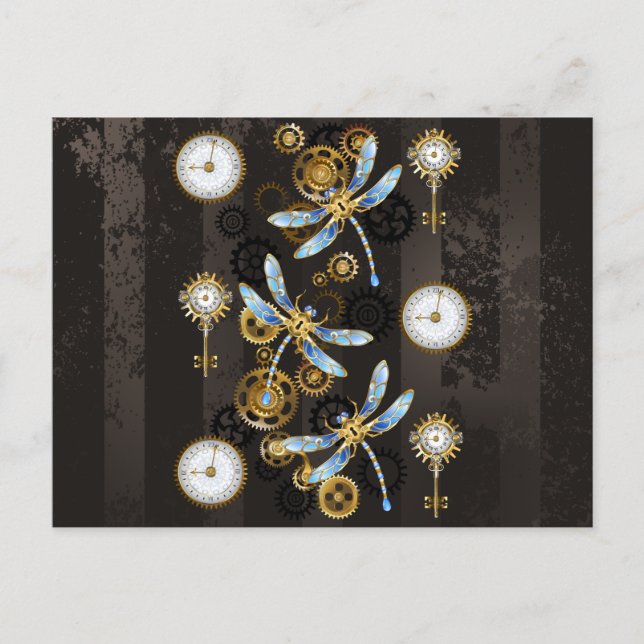 Steampunkdrachenfliegen auf braunem, gestreiften H Postkarte (Vorderseite)