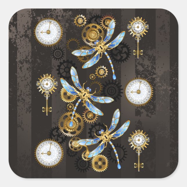 Steampunkdrachenfliegen auf braunem, gestreiften H Quadratischer Aufkleber (Vorderseite)