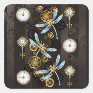 Steampunkdrachenfliegen auf braunem, gestreiften H Quadratischer Aufkleber