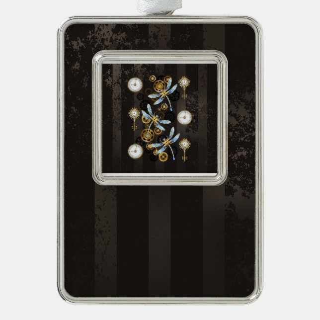 Steampunkdrachenfliegen auf braunem, gestreiften H Rahmen-Ornament Silber (Vorderseite)