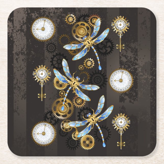 Steampunkdrachenfliegen auf braunem, gestreiften H Rechteckiger Pappuntersetzer (Vorderseite)