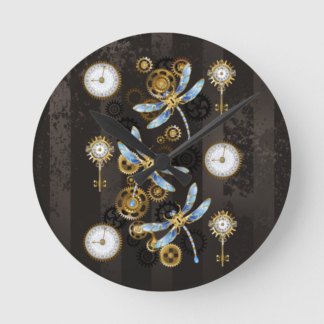 Steampunkdrachenfliegen auf braunem, gestreiften H Runde Wanduhr (Vorderseite)