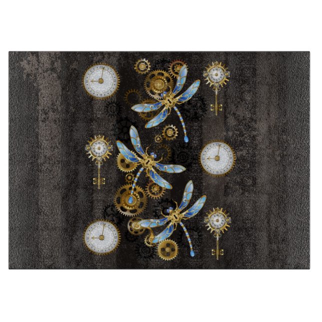 Steampunkdrachenfliegen auf braunem, gestreiften H Schneidebrett (Vorderseite)