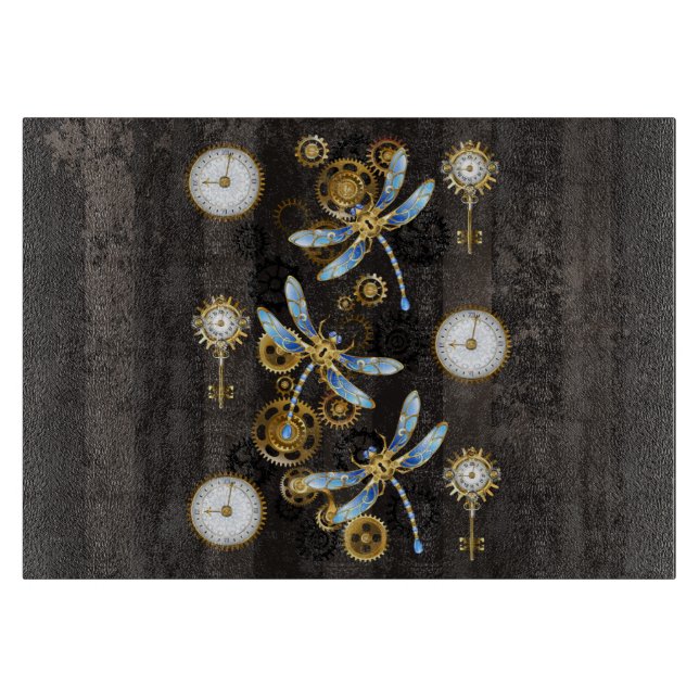 Steampunkdrachenfliegen auf braunem, gestreiften H Schneidebrett (Vorderseite)
