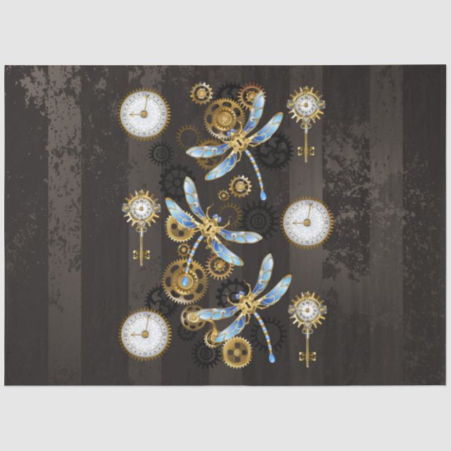 Steampunkdrachenfliegen auf braunem, gestreiften H Seidenpapier (Vorderseite)