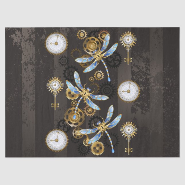Steampunkdrachenfliegen auf braunem, gestreiften H Seidenpapier (Vorderseite)