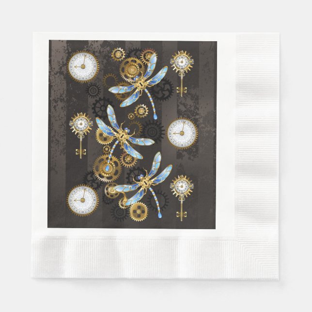 Steampunkdrachenfliegen auf braunem, gestreiften H Serviette (Vorderseite)