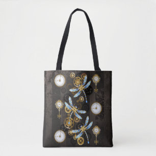 Steampunkdrachenfliegen auf braunem, gestreiften H Tasche