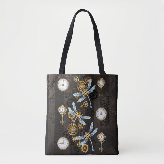 Steampunkdrachenfliegen auf braunem, gestreiften H Tasche (Vorderseite)